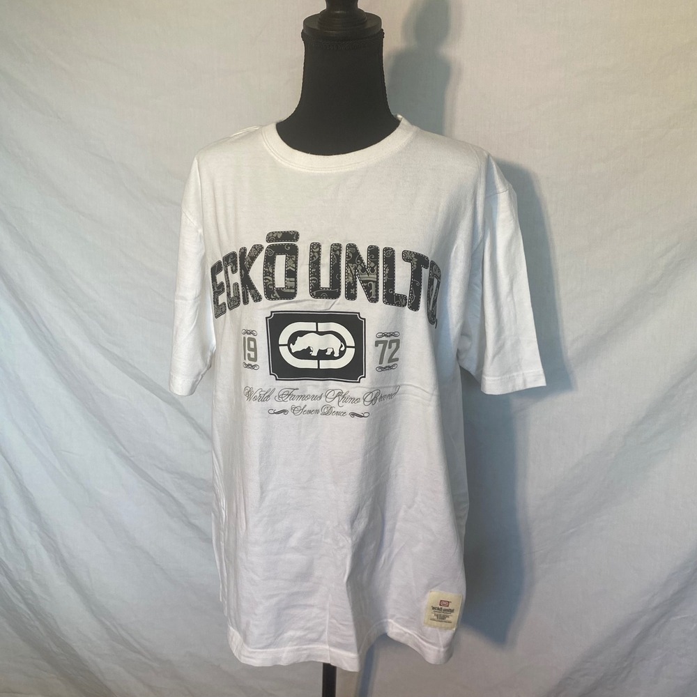 Ecko Unltd Mens White Graphic T-Shirt Rhino Logo Paisley Print Y2K Streetwear
